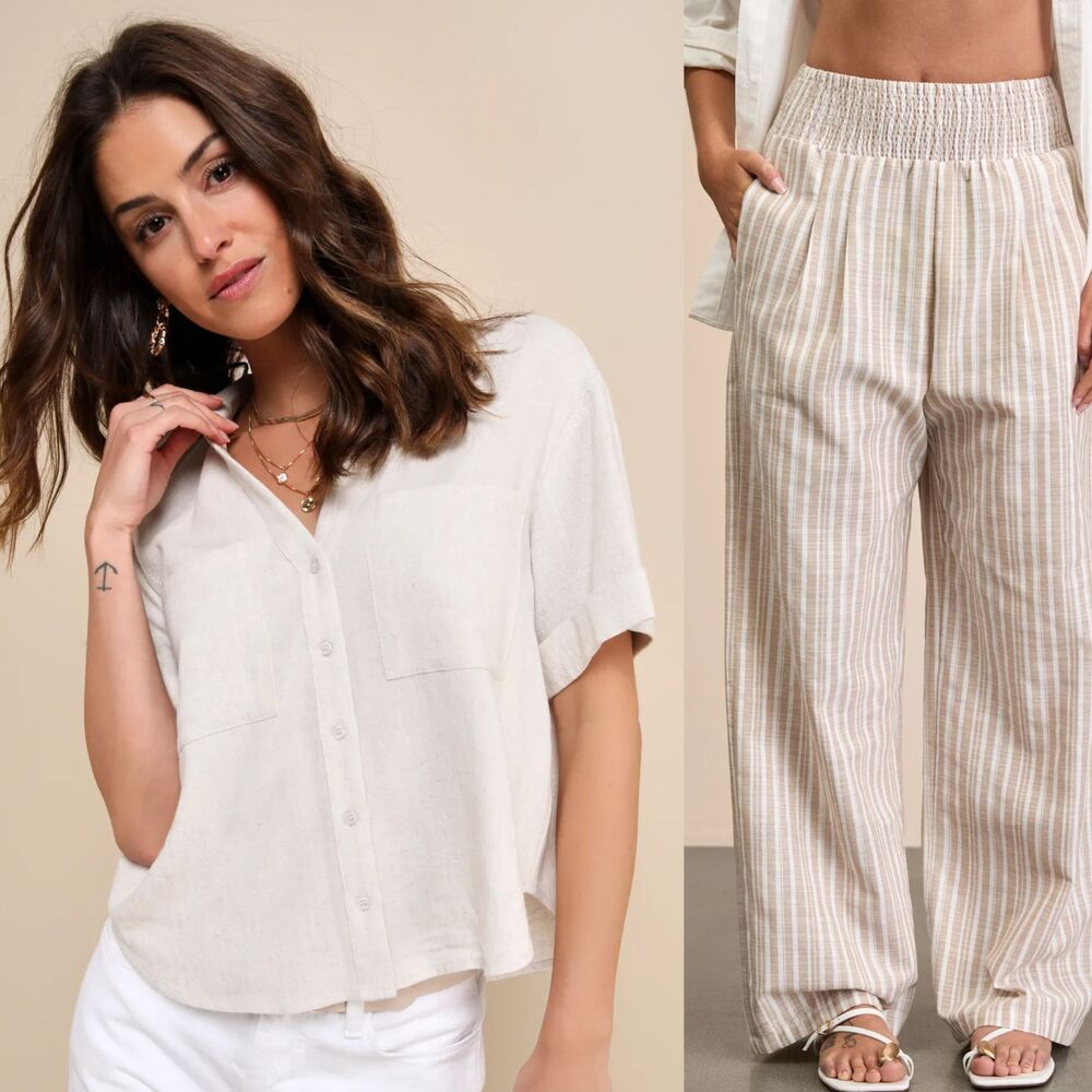 Lulu's | NWT 2 pc set Linen Blend button up blouse flowy pants | Medium
